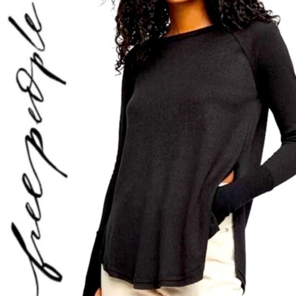 Free People Tops - FREE PEOPLE Snowy Black Thermal Waffle-knit Oversized Long Sleeve Top EUC
